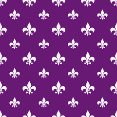 fleur-de-lis seamless pattern.Purple white template. Floral texture. Elegant decoration, royal lily retro background. Design vintage for card, wallpaper, wrapping, textile.