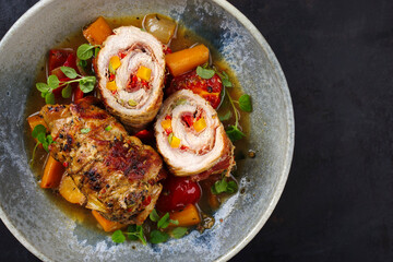 Traditionelle slow cooked deutsche Schweinerouladen mit Gemüse und Speck in würziger Bratensoße als Draufsicht in einem Design Teller mit Textfreiraum rechts