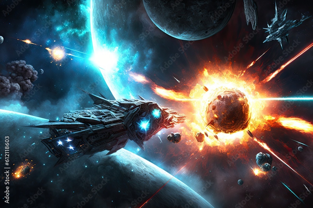 Poster spaceship hovering in front of a colorful array of planets in outer space. generative ai