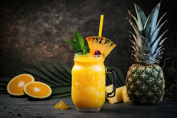 Cocktail made with vodka, mango, pineapple juice, and alcohol. Long drink or icy mocktail during summer. exotic fruits and a dark tropical backdrop with palm foliage. Generative AI