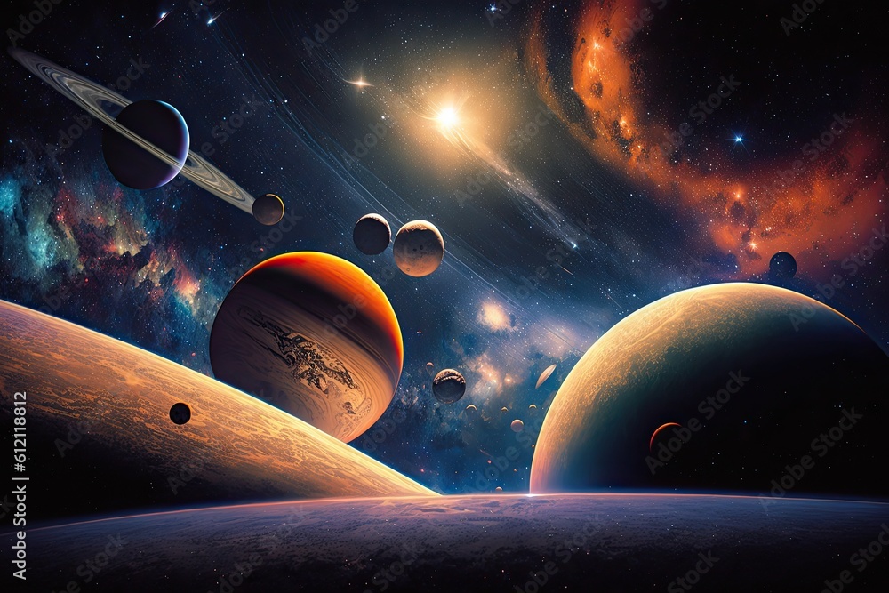 Poster colorful space scene with multiple planets and stars. generative ai