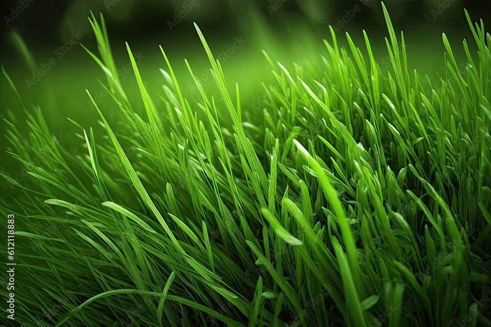 Poster close up view of green grass with a blurred background. generative ai
