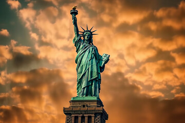 Obraz premium statue of liberty on the background of the city of new york, created with Generative AI Technology