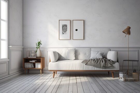 modern living room with a sleek white couch and minimalist wall art. Generative AI