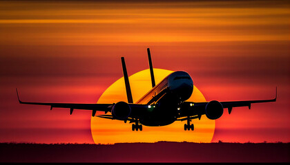 Naklejka na ściany i meble a commercial airplane taking off against the backdrop of a vibrant sunset. glorious warm colors of the sunset. ai generated