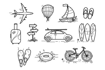 A set of hand-drawn doodles of vacation symbols, travel doodles. Tourist and summer sketch. Black and white linear vector.