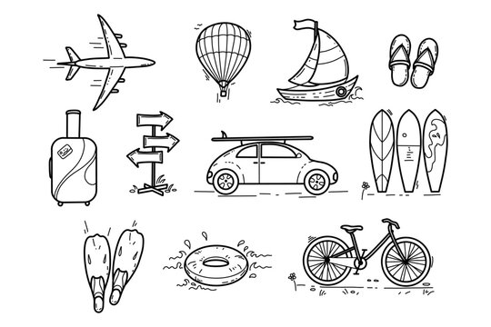 A set of hand-drawn doodles of vacation symbols, travel doodles. Tourist and summer sketch. Black and white linear vector.