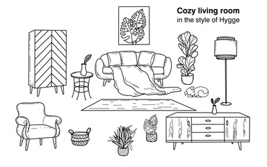 Doodle sketch hand-drawn room. Cozy living room in the style of Hugge. Black and white linear image.