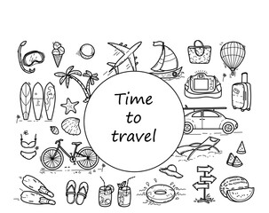 A set of hand-drawn doodles of vacation symbols, travel doodles. Tourist and summer sketch. Black and white linear vector.