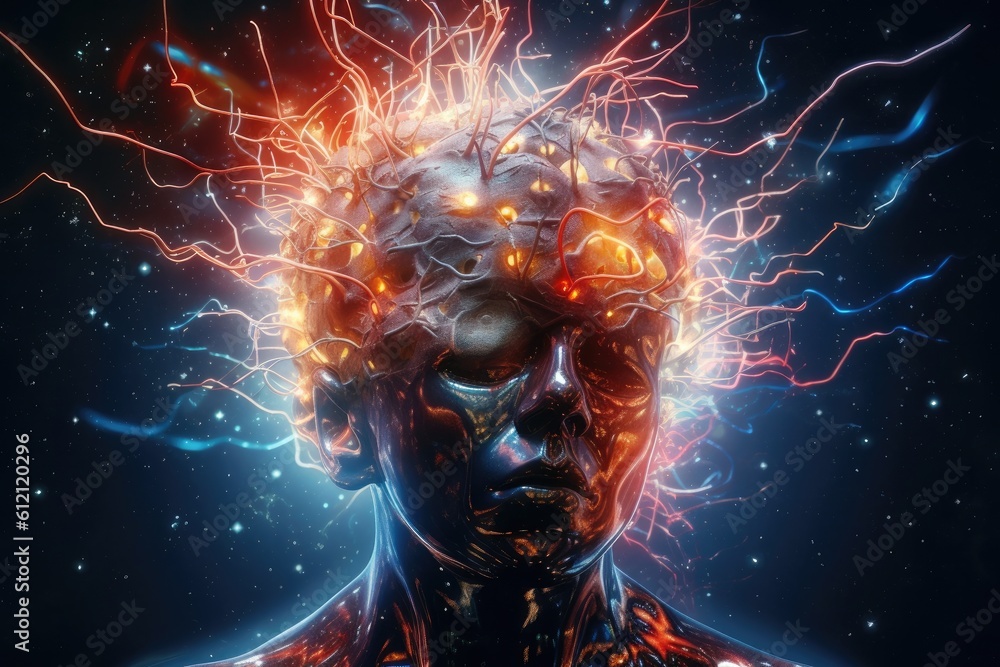 Poster close up of human brain showing neurons firing and neural extensions