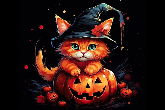 Halloween paint splatter illustration of cute ginger kitten, wearing black witch hat with his paws on Jack-o'-Lantern