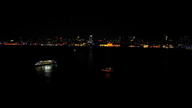 night bosphorus  istanbul  stock video from bird's eye view of a flying drone
