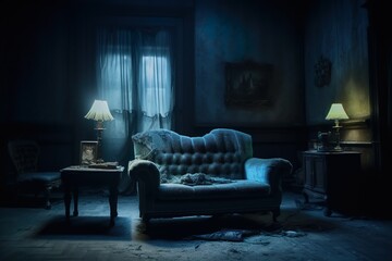 Fototapeta premium Illustration of a couch in a dimly lit room created with Generative AI