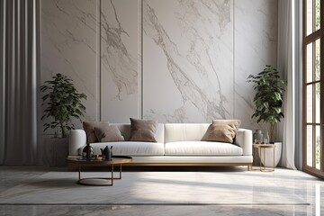 modern living room with a luxurious marble accent wall and a sleek white couch. Generative AI