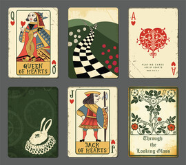 Alice in Wonderland Playing Cards illustrating novel by Lewis Carroll, including Queen, Jack and Ace of Hearts, White Rabbit and book title page - obrazy, fototapety, plakaty