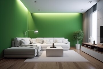 Contemporary living room design with TV cabinet against green