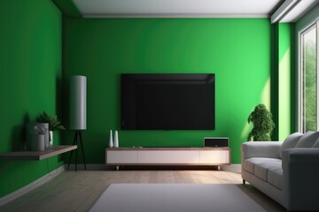 Contemporary living room design with TV cabinet against green wall