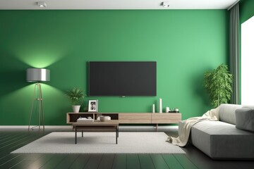 Contemporary living room design with TV cabinet against green wall
