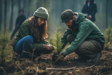 Fototapeta premium Volunteering. Young people volunteers outdoors planting trees digging ground talking cheerful