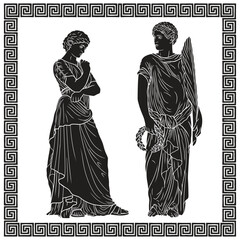 Fototapeta premium An ancient Greek man in a tunic stands and holds a laurel wreath and a palm branch in his hands and looks at the woman. Male and female figures isolated on white background