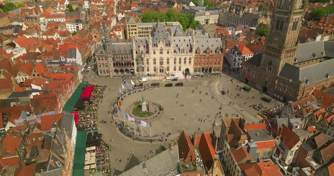 Aerial drone shot of Bruges is the beautiful medieval Historical City. Architecture and channels. Landmarks of Belgium architecture of Bruges. Aerial view. Establishing shot