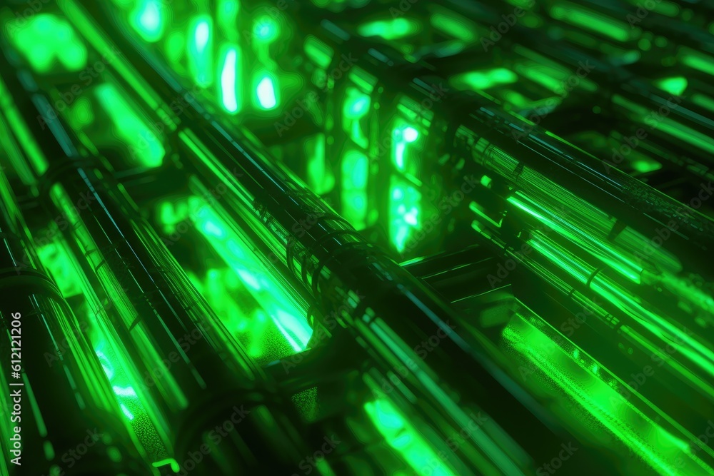 Poster Digital binary code, glowing neon style, binary data background, Panoramic banner, out of focus, green color