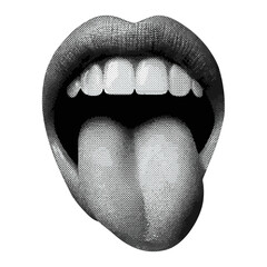 mouth isolated with tongue out female lips teeth halftone texture retro collage elements for mixed media design vintage dotted pop art style grunge punk crazy template