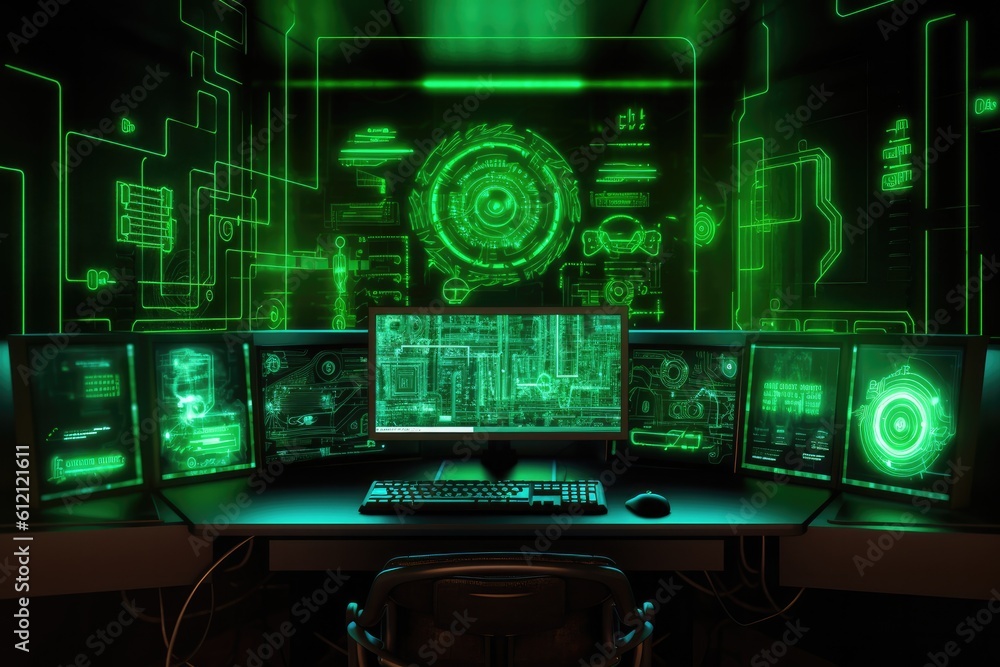 Aufkleber Digital binary code, glowing neon style, binary data background, Panoramic banner, out of focus, green color