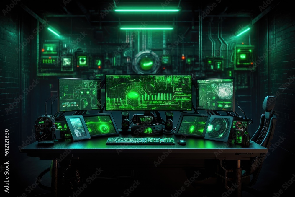 Aufkleber Digital binary code, glowing neon style, binary data background, Panoramic banner, out of focus, green color