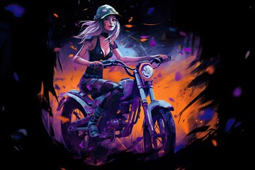 Halloween illustration of sexy beautiful woman in witch black hat on motorbike, flying above the moon in the night sky Generative AI