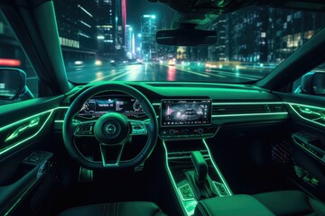 Modern car interior with glowing green neon lights