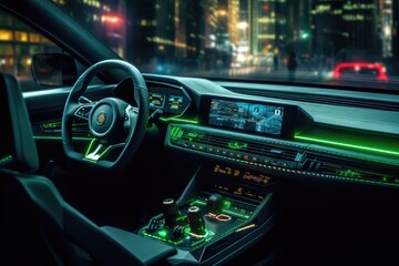 Modern car interior with glowing green neon lights