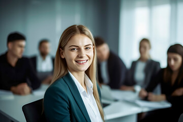 Young business woman sitting in business meeting with colleagues in meeting room - topic career, contact, colleagues - Generative AI