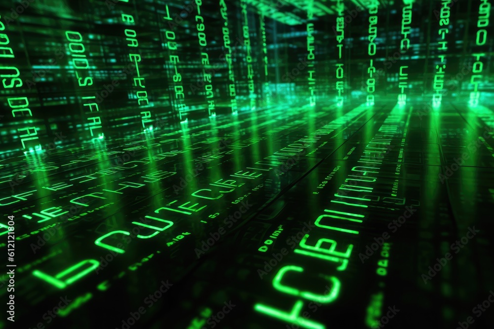 Poster Digital binary code, glowing neon style, binary data background, Panoramic banner, out of focus, green color