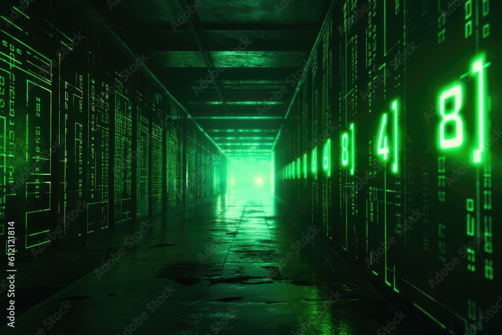 Poster Digital binary code, glowing neon style, binary data background, Panoramic banner, out of focus, green color