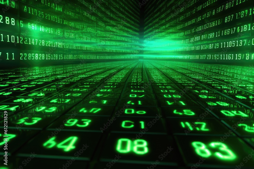Aufkleber Digital binary code, glowing neon style, binary data background, Panoramic banner, out of focus, green color