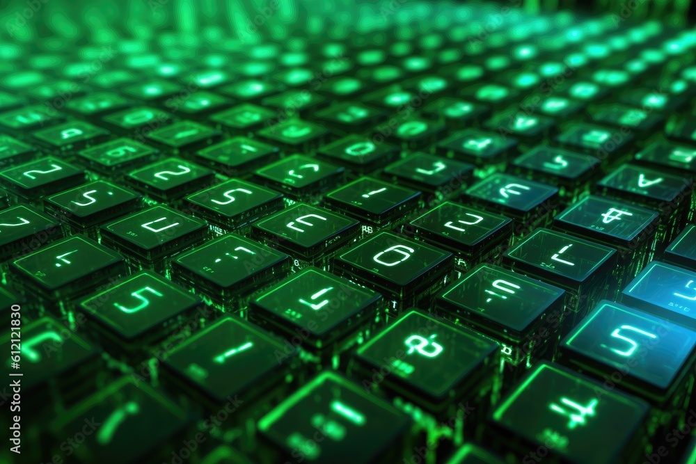 Aufkleber Digital binary code, glowing neon style, binary data background, Panoramic banner, out of focus, green color