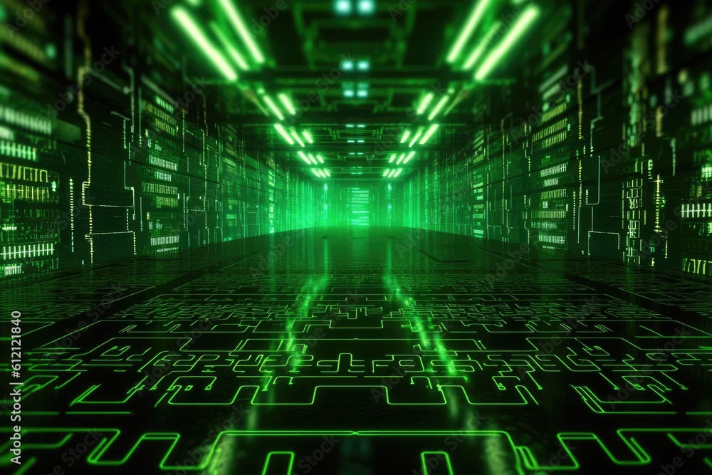 Poster Digital binary code, glowing neon style, binary data background, Panoramic banner, out of focus, green color