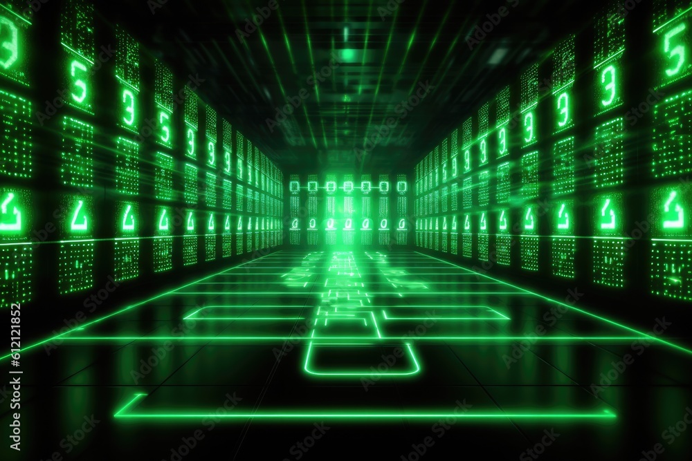 Aufkleber Digital binary code, glowing neon style, binary data background, Panoramic banner, out of focus, green color