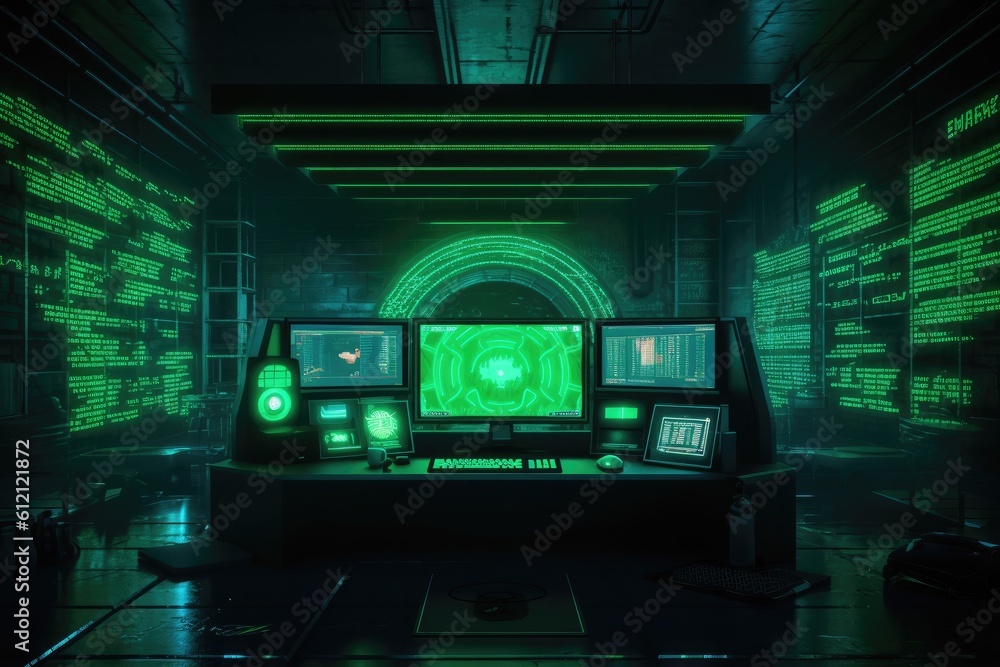 Aufkleber Digital binary code, glowing neon style, binary data background, Panoramic banner, out of focus, green color