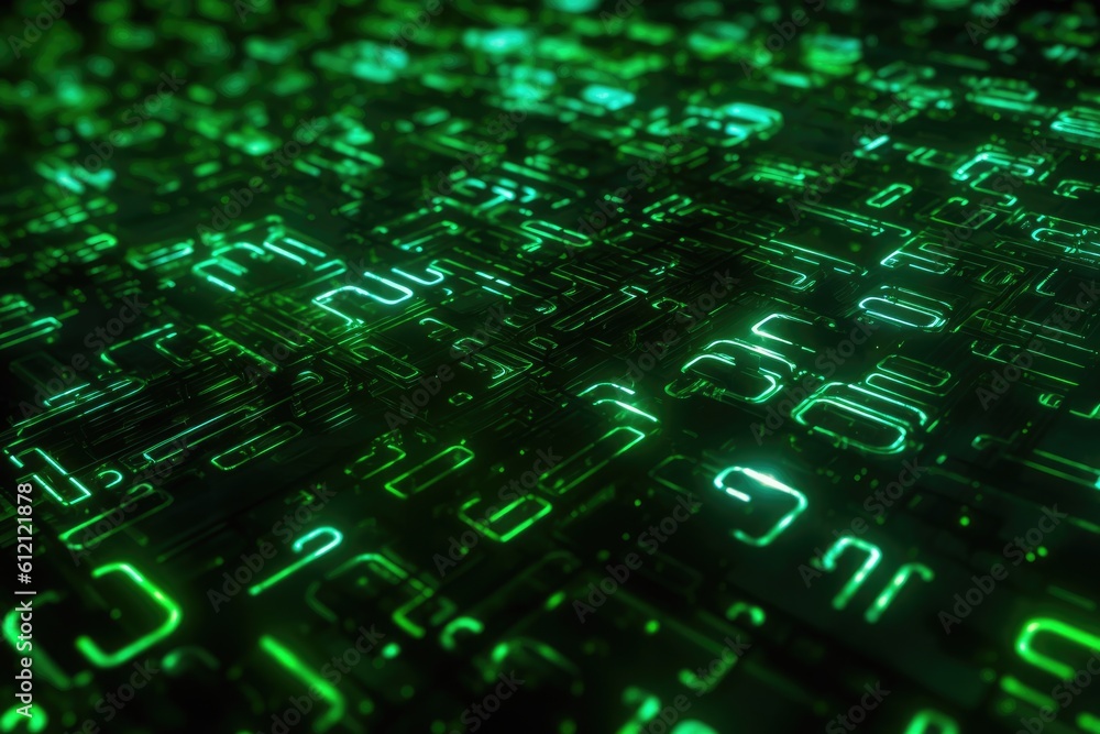 Poster Digital binary code, glowing neon style, binary data background, Panoramic banner, out of focus, green color