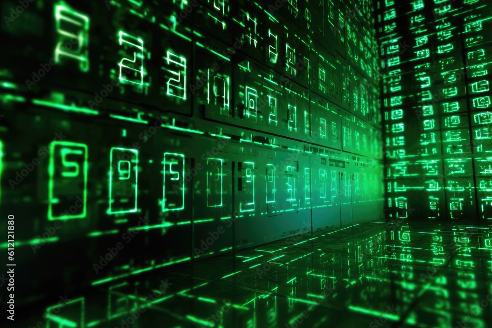 Poster Digital binary code, glowing neon style, binary data background, Panoramic banner, out of focus, green color