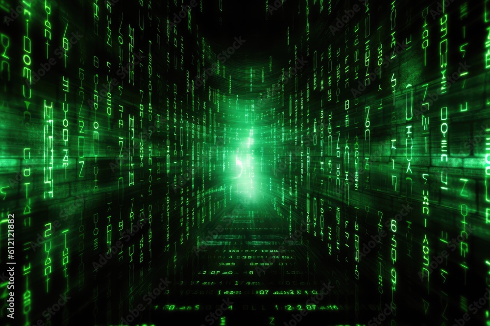 Poster Digital binary code, glowing neon style, binary data background, Panoramic banner, out of focus, green color