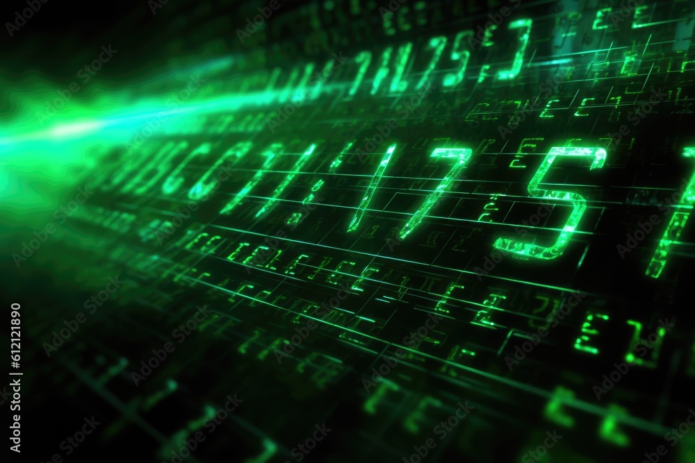 Poster Digital binary code, glowing neon style, binary data background, Panoramic banner, out of focus, green color