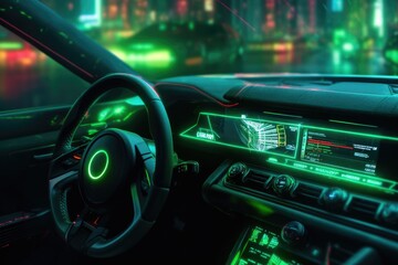 Obraz premium Modern car interior with glowing green neon lights