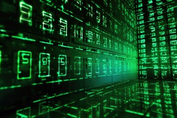 Digital binary code, glowing neon style, binary data background, Panoramic banner, out of focus, green color