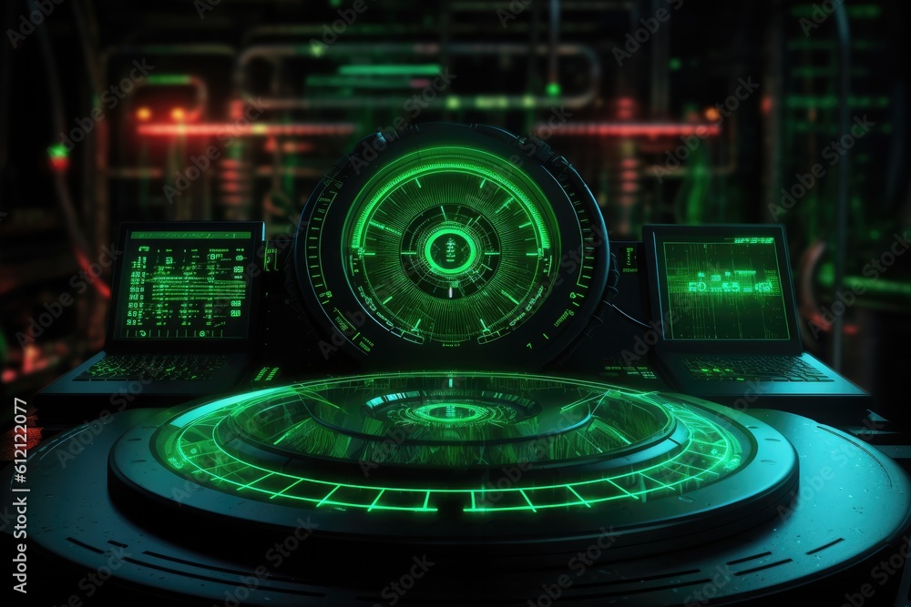 Poster Digital binary code, glowing neon style, binary data background, Panoramic banner, out of focus, green color