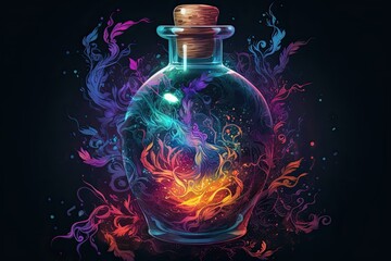 Spellbinding potion in glass vial, swirling with vibrant colors and releasing sparkling tendrils of magic, super details Generative AI - obrazy, fototapety, plakaty