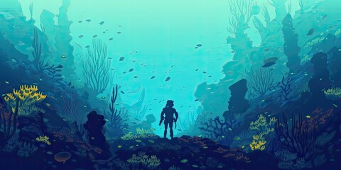 Scuba diver is silhouetted underwater and the coral