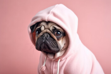 Portrait Cute pug dog dressed in pink hood isolated on pastel flat pink background with copy space, banner template. Generative AI professional photo imitation. - obrazy, fototapety, plakaty